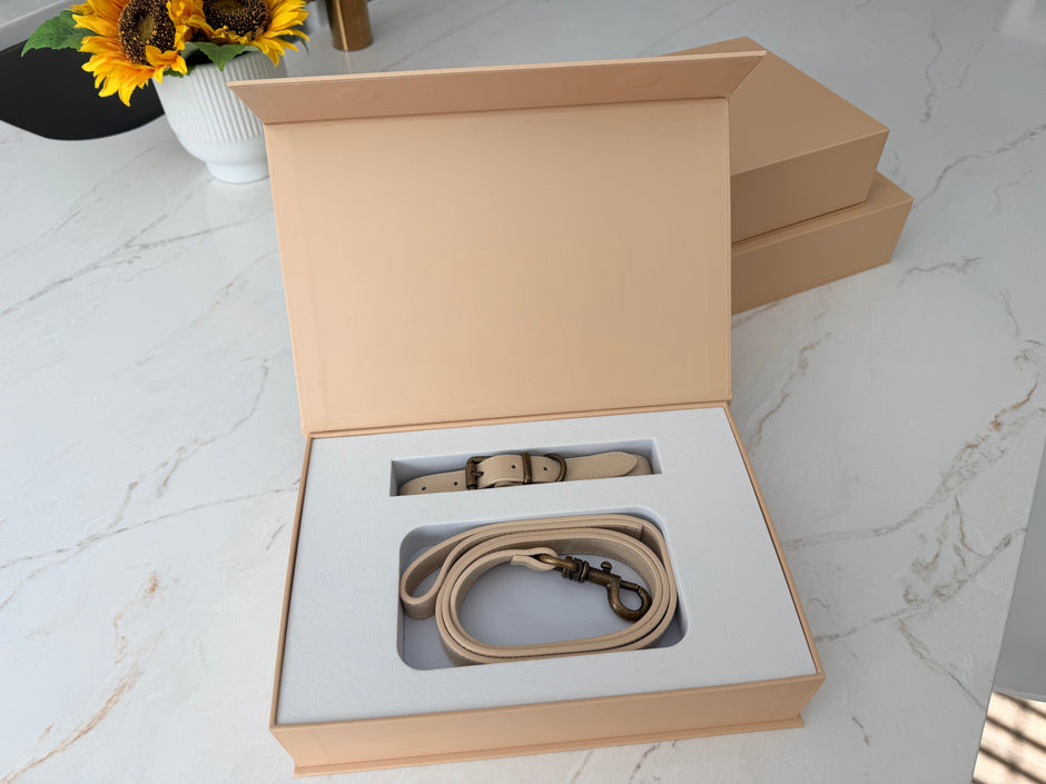 A refined collar and leash set crafted from full-grain leather and finished with brushed brass hardware. Designed for everyday elegance and lasting companionship.